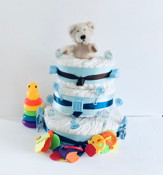 3 TIER PAMPER CAKE WITH UNICORN RATTLE