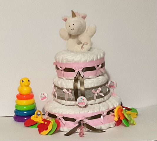 3 TIER PAMPER CAKE WITH UNICORN RATTLE